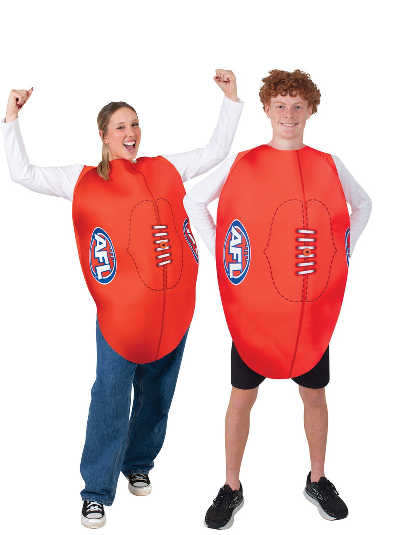 Close-up of AFL football costume front panel showing oval logo and stitching seams