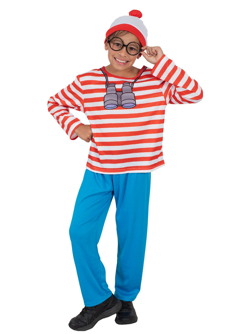 Where's Wally kids costume four-piece set including striped top, blue pants, beanie and plastic glasses frames