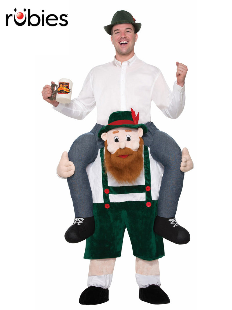 Adult Bavarian Beer Buddy ride-on costume with green lederhosen and ginger beard