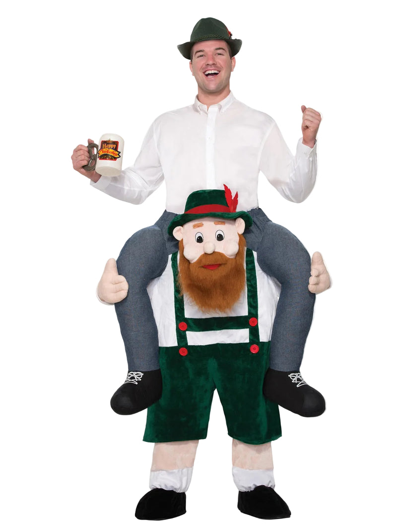 Adult Bavarian Beer Buddy ride-on costume with green lederhosen and ginger beard