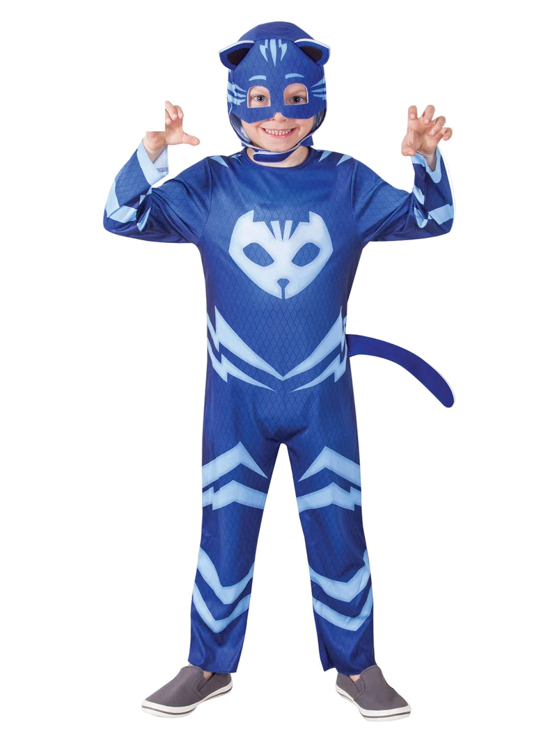 Child wearing blue Catboy PJ Masks costume with 3D cat ears headpiece and tail
