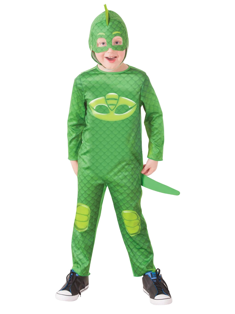 Kids Gekko costume from PJ Masks with green digitally printed scales and stuffed tail