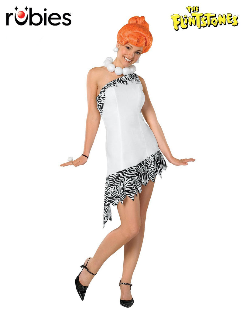 Womens Wilma Flintstone Costume white dress with zebra-print zigzag hemline and orange wig