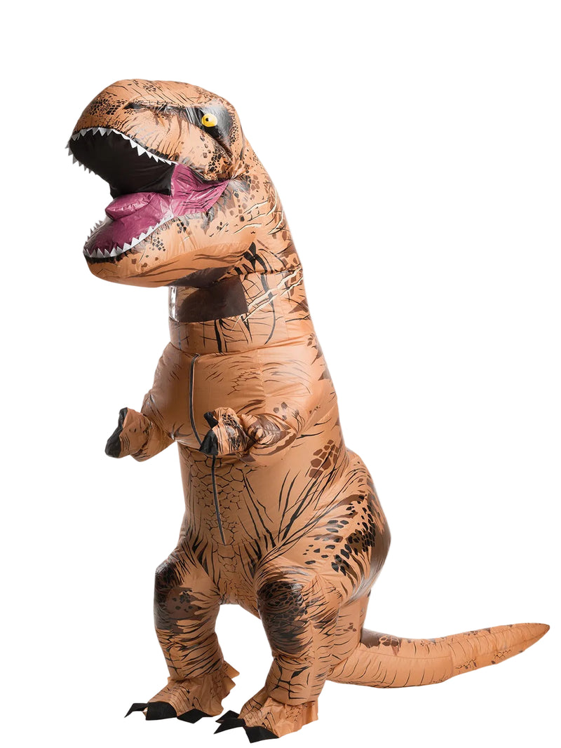 Adult Jurassic World inflatable T-Rex costume full body view tan brown dinosaur