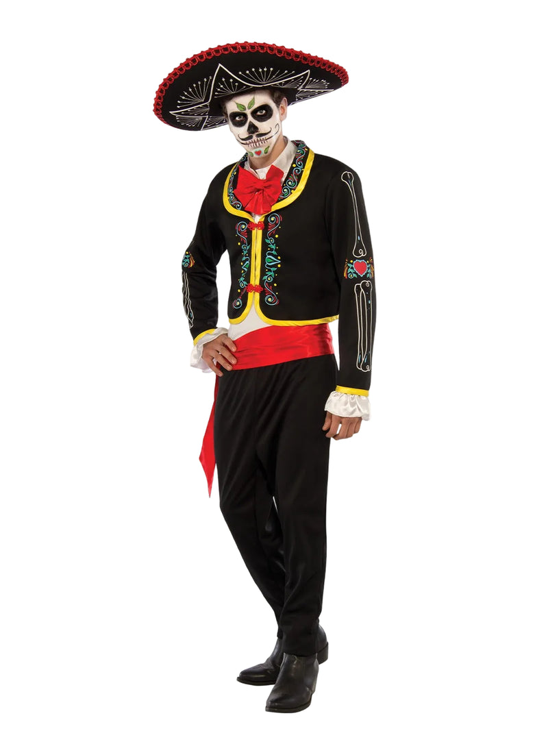 Mens Day of the Dead costume with skeleton print jacket, red bow tie, sombrero and black pants