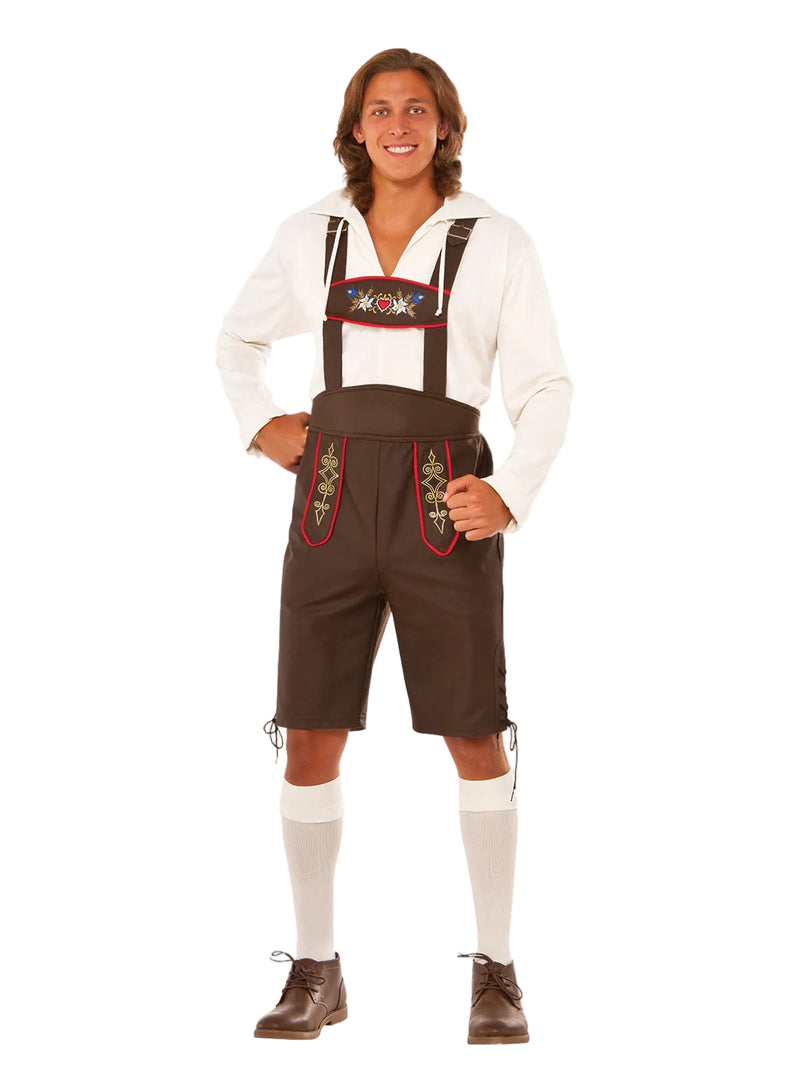 Adult mens Oktoberfest lederhosen costume with brown shorts, cream suspenders, and printed chest panel