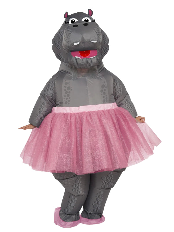 Adult inflatable hippo ballerina costume with pink tutu and plush shoe covers