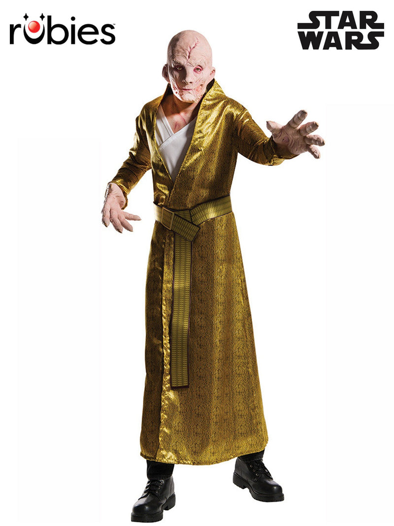 Adult Supreme Leader Snoke costume with gold robe, geometric belt, and scarred character mask from Star Wars