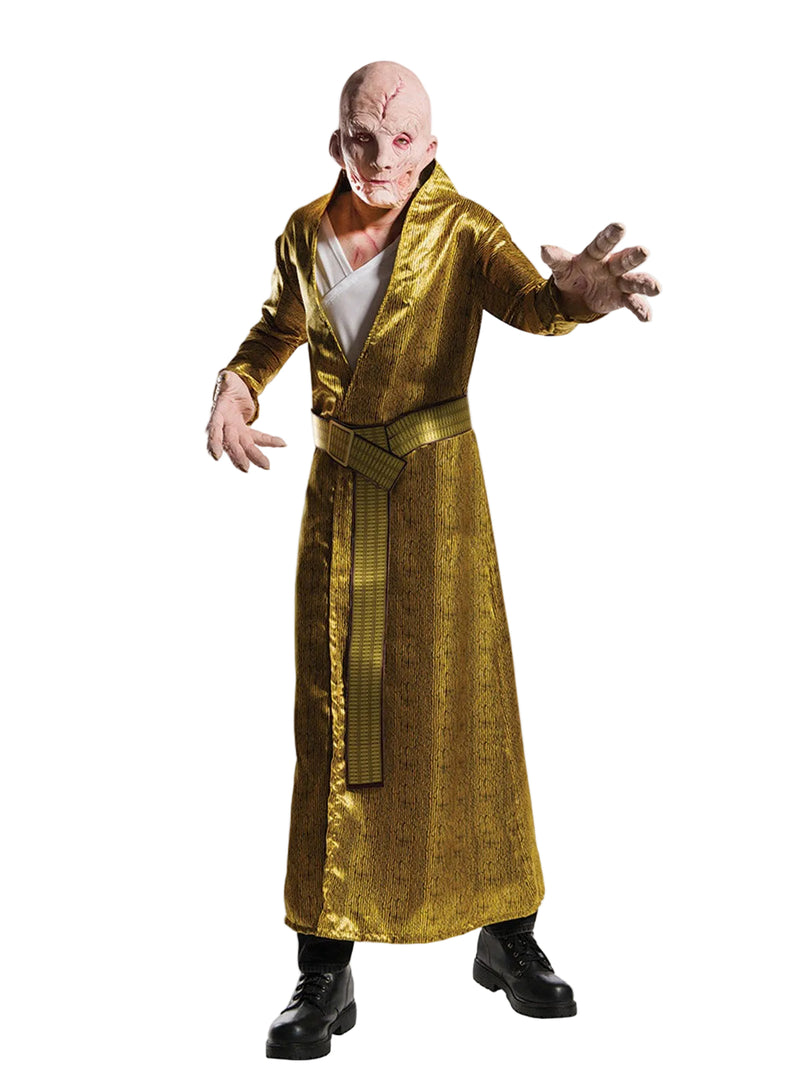 Adult Supreme Leader Snoke costume with gold robe, geometric belt, and scarred character mask from Star Wars