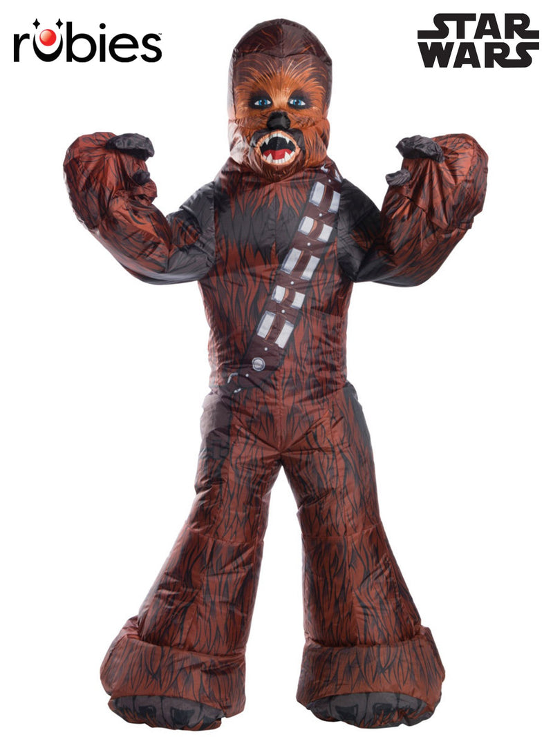 Adult Star Wars Chewbacca inflatable costume full body front view with bandolier and brown fur print