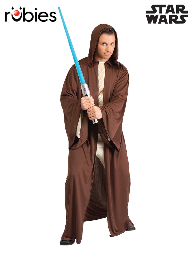 Adult wearing brown Jedi robe with attached hood and cream cuffs, full-length view