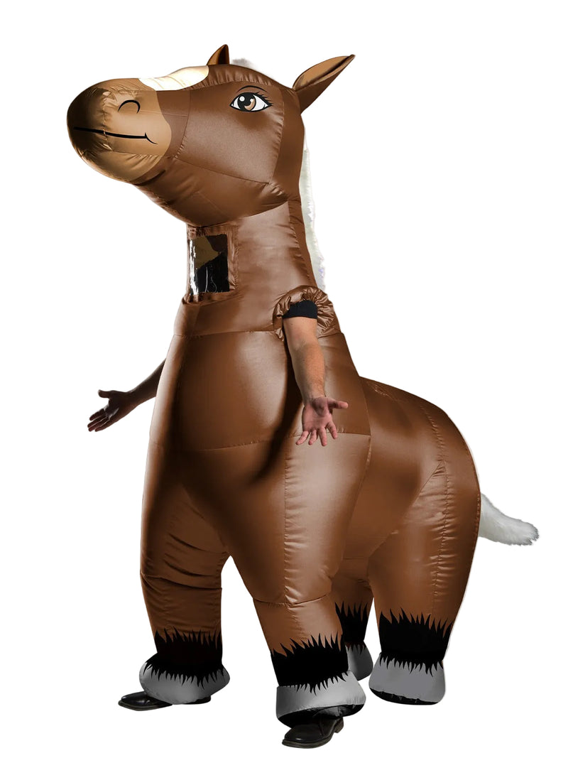 Adult inflatable horse costume full body front view with flowing white mane