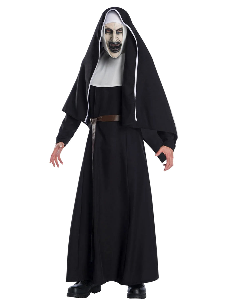 Adult The Nun costume with long black habit dress and white yoke collar