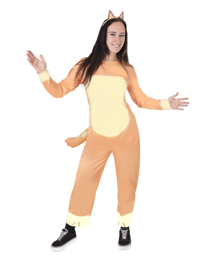 Chilli from Bluey adult costume showing peach-orange fleece with cream belly panel and printed spots
