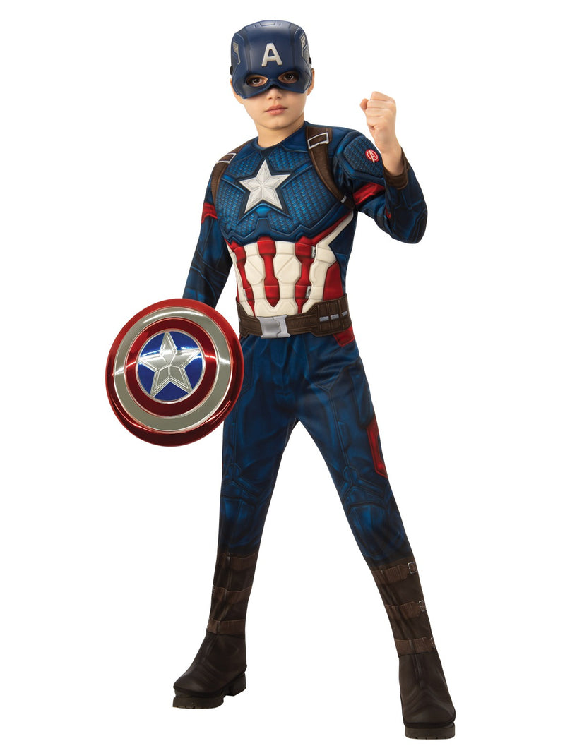 Kids Captain America costume with padded muscle jumpsuit, mask, belt and shield