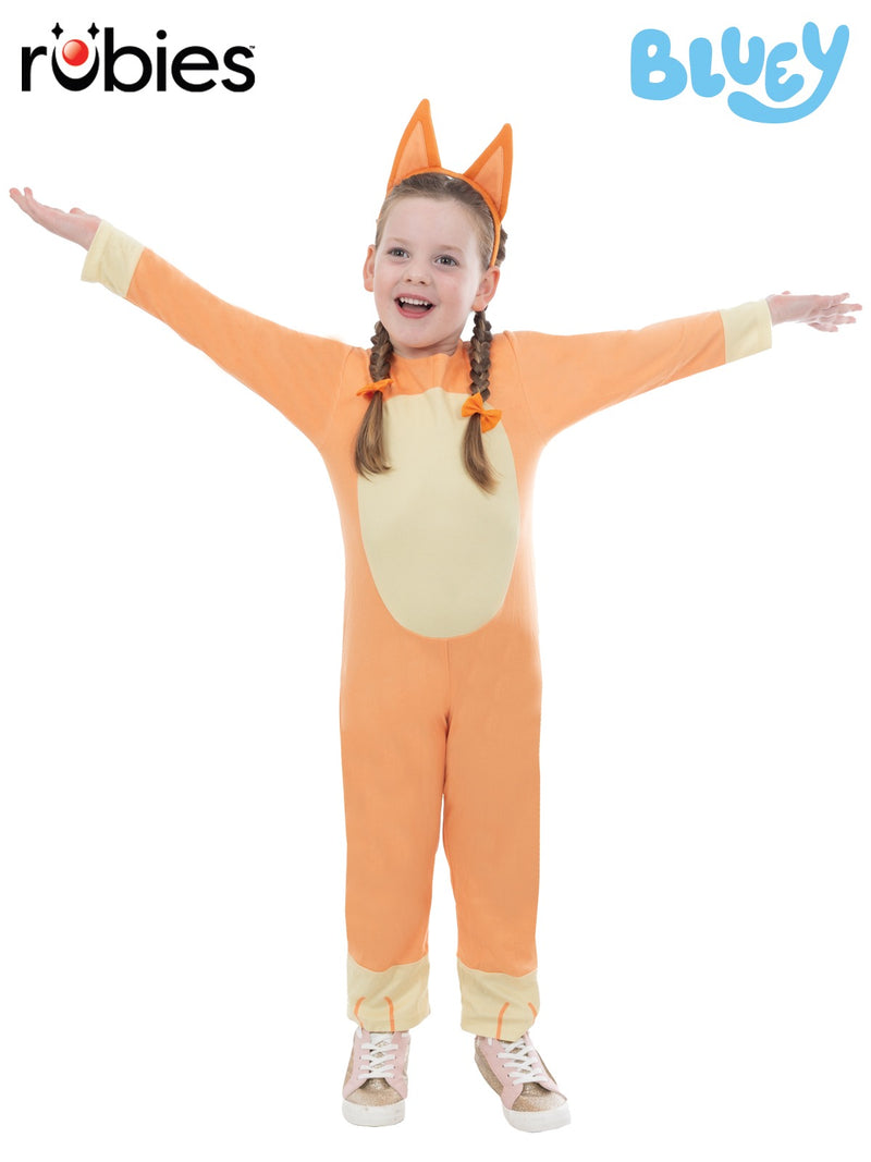 Toddler wearing Bingo costume from Bluey - peach plush jumpsuit with cream belly panel and printed spots