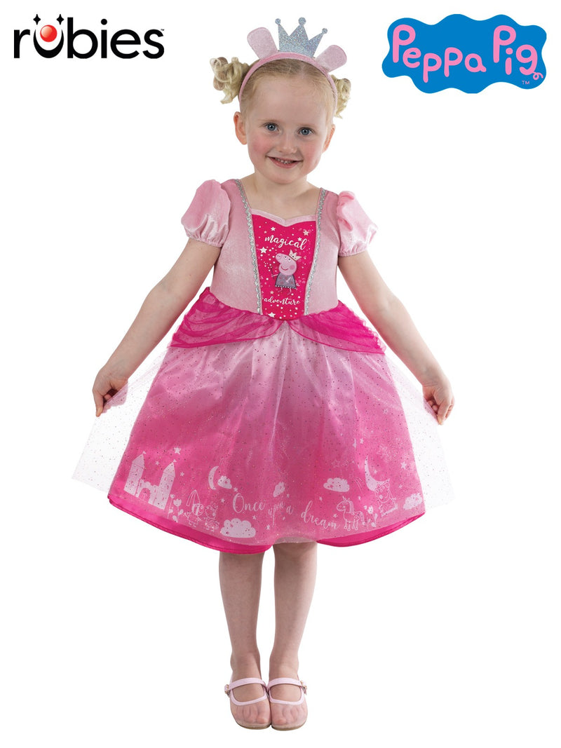 Front view of Kids Peppa Pig Princess Dress showing pink velour bodice with Magical Adventure motif and tulle-layered skirt