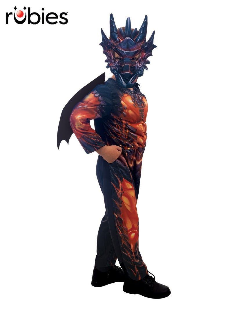 Kids dragon costume with orange and black printed scales and fibre-filled jumpsuit