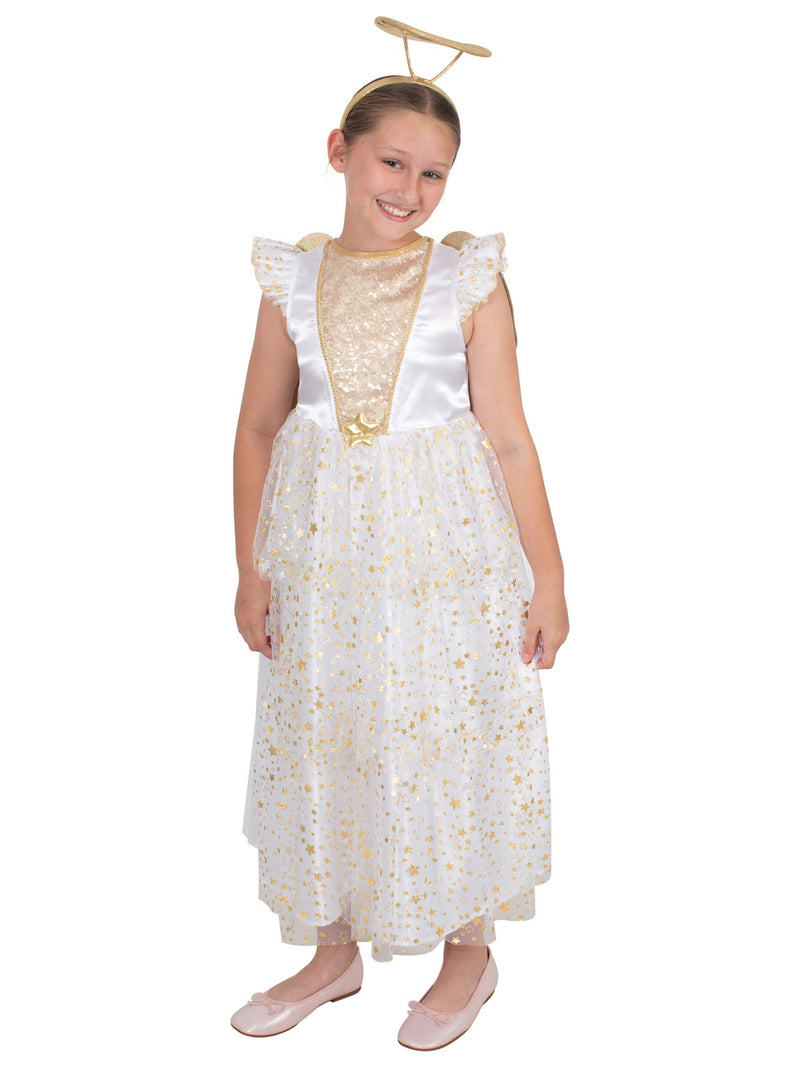 Close-up of angel costume bodice showing gold centre panel, cap sleeves with metallic star-print tulle detail
