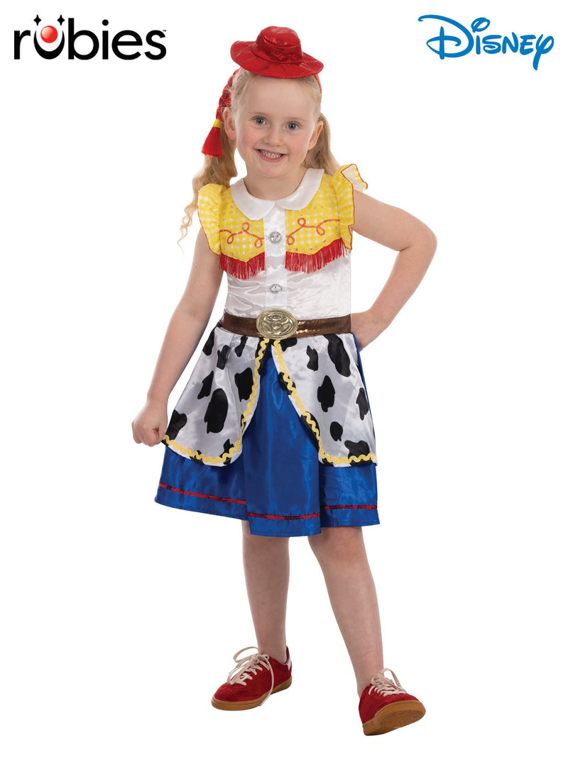 Kids Jessie Cowgirl Costume tutu dress with cow-print pockets and yellow gingham collar