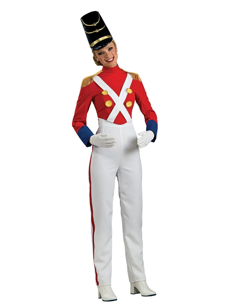 Womens red and white toy soldier costume with tall black hat and gold trim