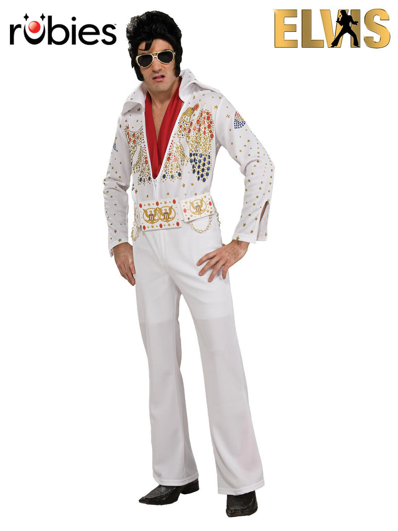 Mens Elvis Presley white jewelled jumpsuit costume with eagle belt and red scarf