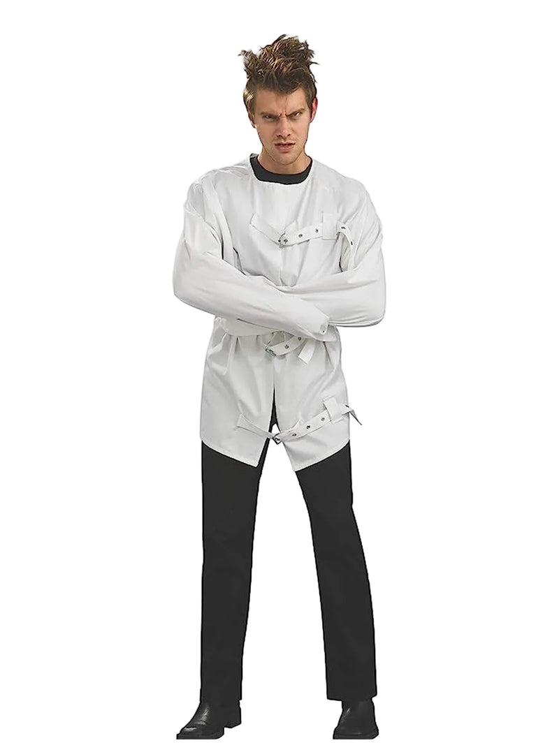 Adult insane asylum costume with white straight jacket top and restraint straps