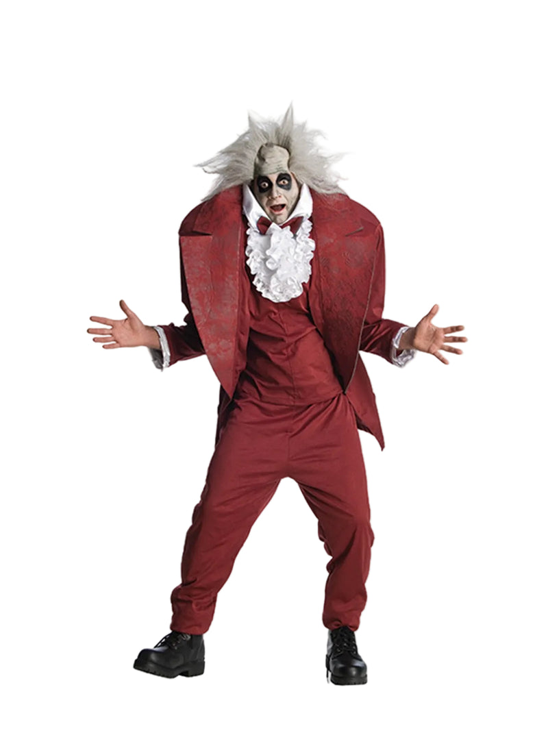 Adult Beetlejuice Shrunken Head costume with burgundy suit and inflatable shoulders