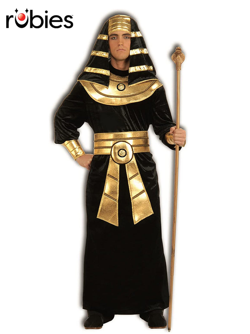Adult Egyptian Pharaoh costume - black velvet robe with gold ceremonial collar and striped headdress