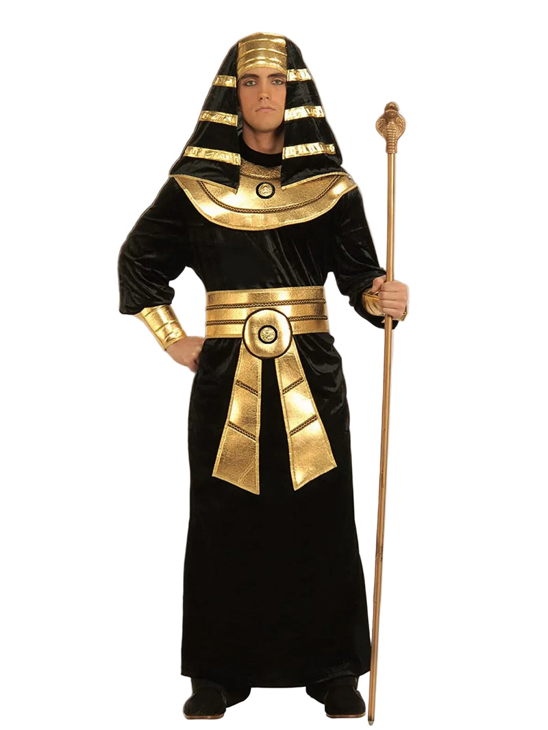 Adult Egyptian Pharaoh costume - black velvet robe with gold ceremonial collar and striped headdress