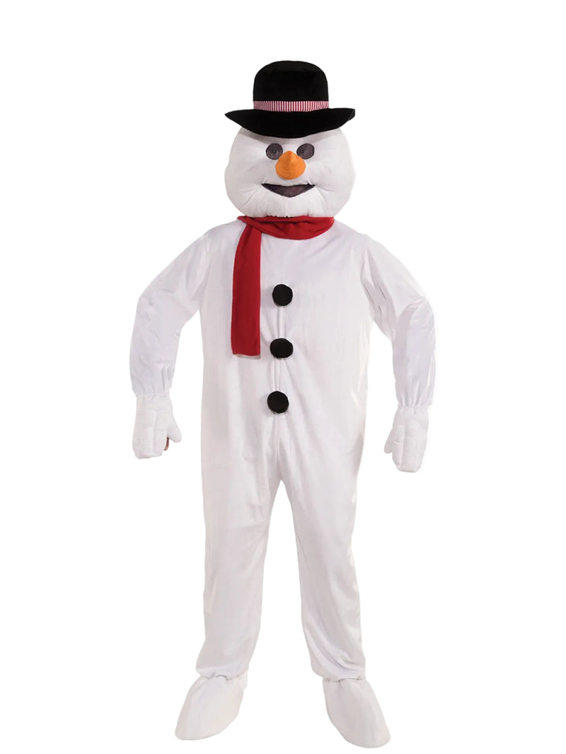 Adult snowman mascot costume front view with oversized head, black top hat, red scarf and white fleece jumpsuit