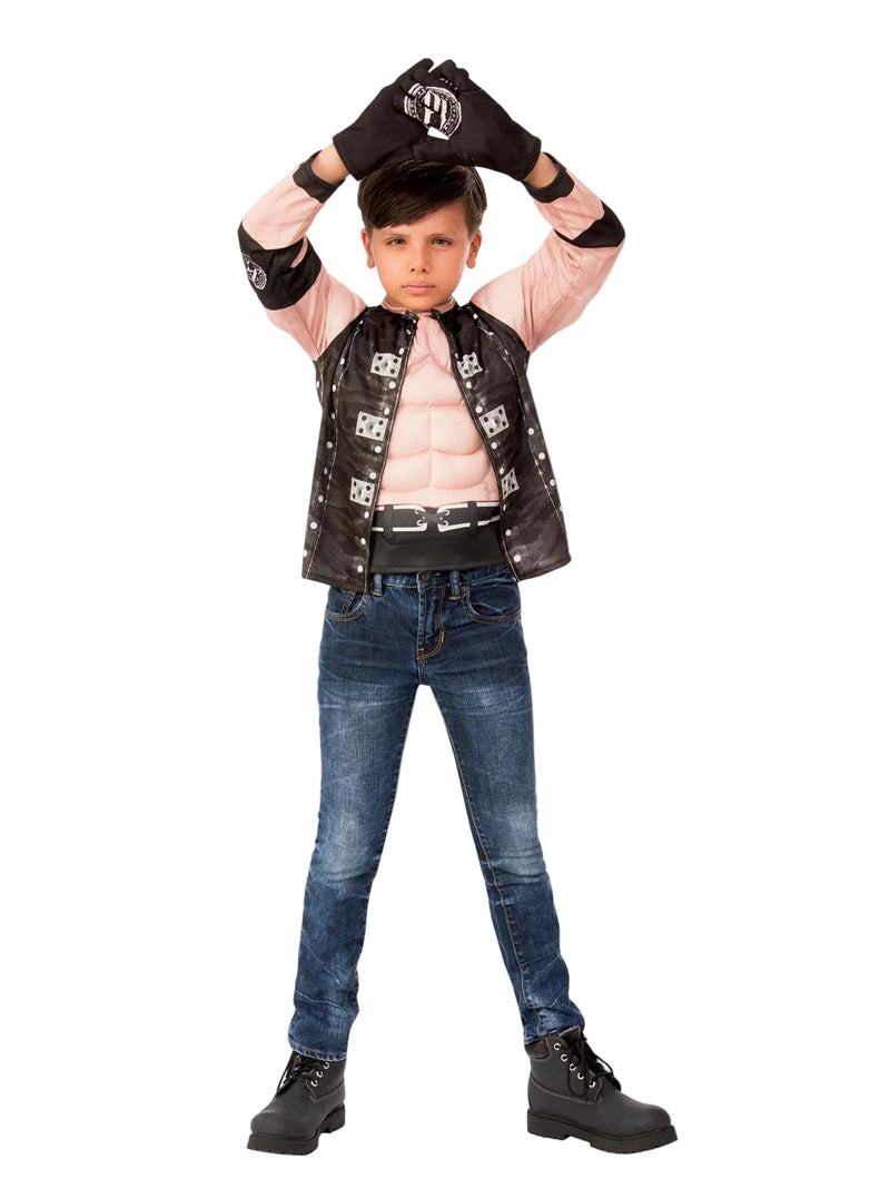 Kids AJ Styles WWE costume with pink muscle chest top, black studded vest, and logo gloves