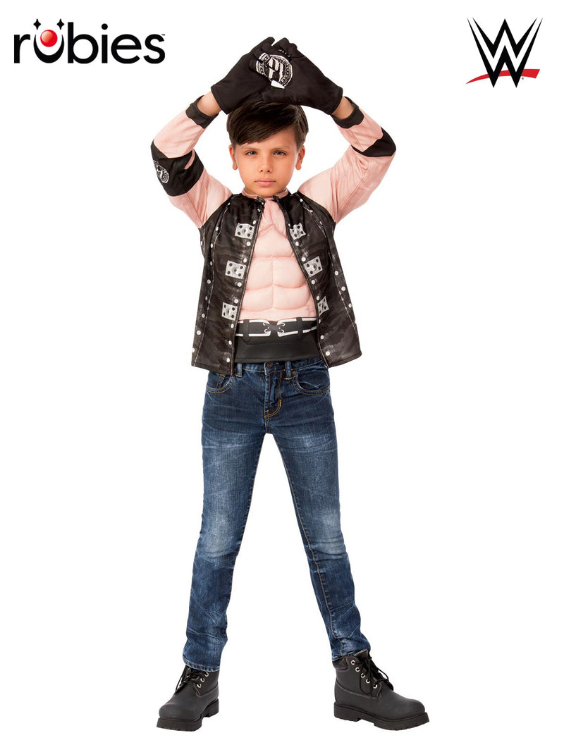 Kids AJ Styles WWE costume with pink muscle chest top, black studded vest, and logo gloves
