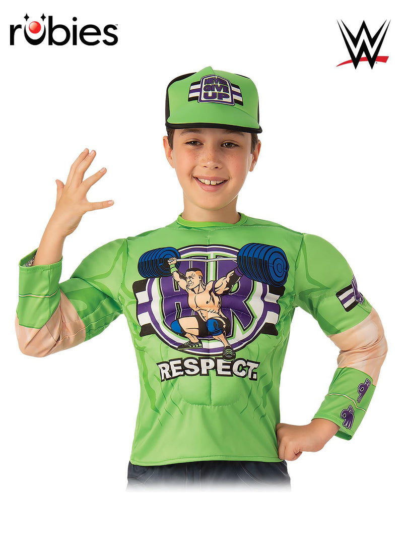 Kids John Cena WWE costume with lime green muscle-padded top and matching cap