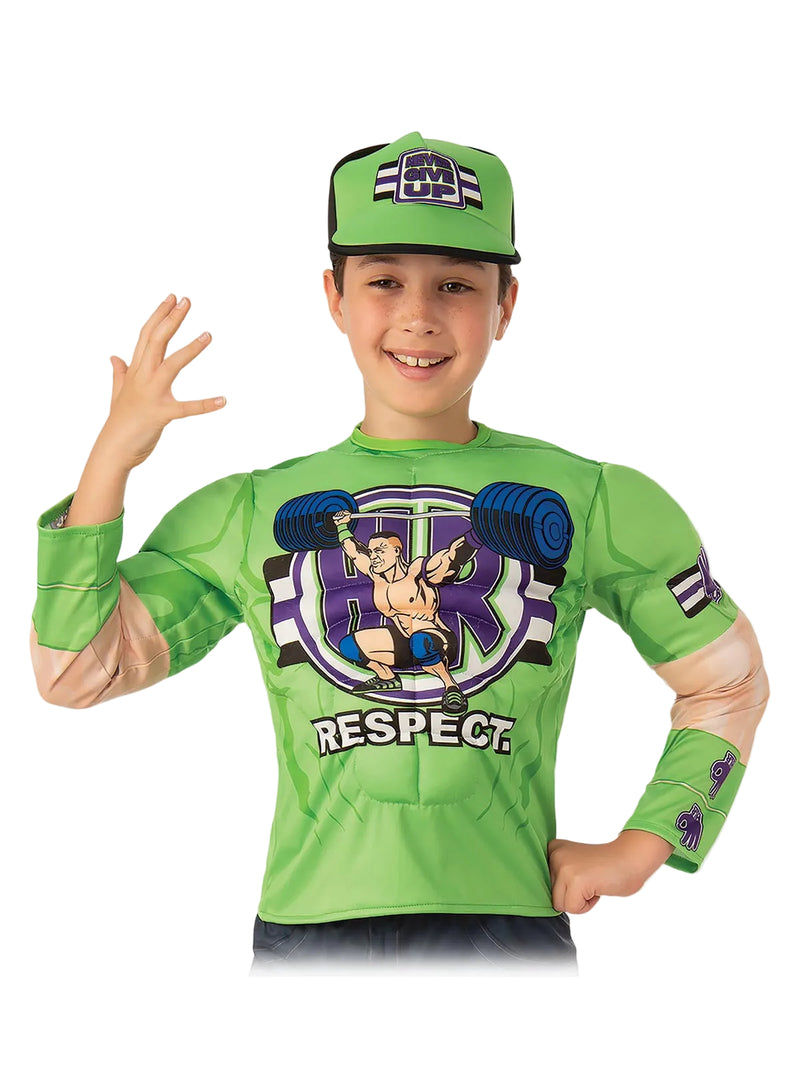 Kids John Cena WWE costume with lime green muscle-padded top and matching cap