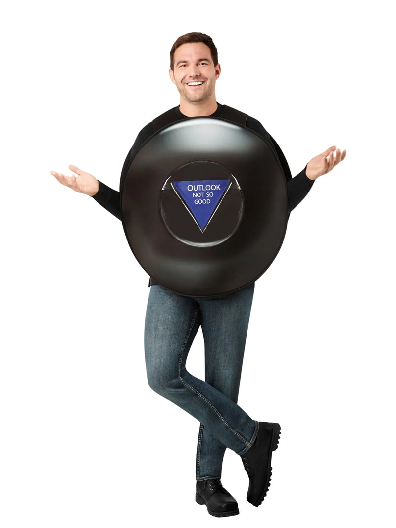 Adult Magic 8-Ball costume front view showing glossy black foam tabard with answer card window