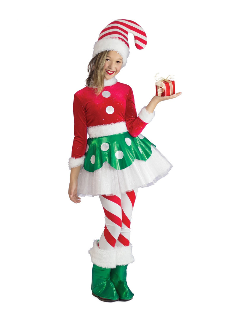 Kids Candy Cane Elf Costume - Christmas Helper Dress with Hat & Leggings