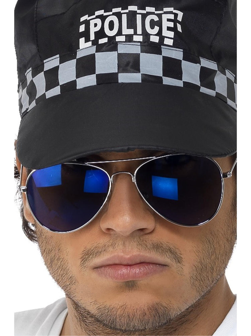 Adult aviator sunglasses with blue mirrored lenses and silver frames