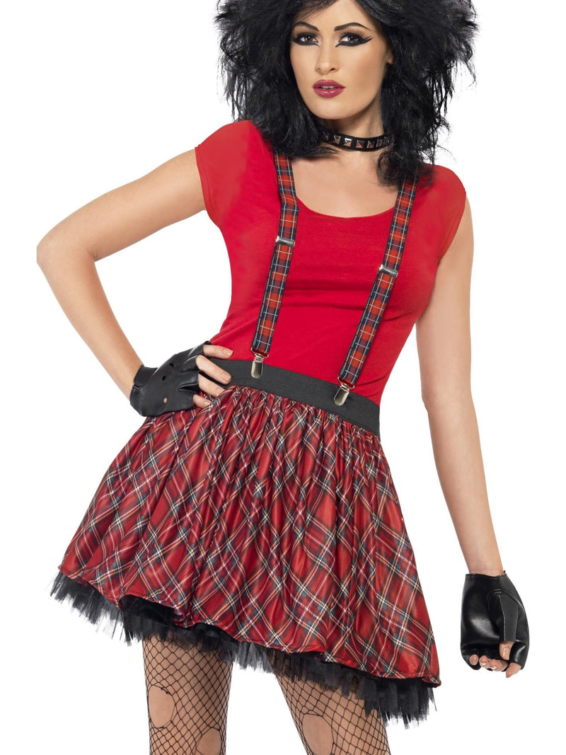 Adult 80s punk rocker costume kit with red tartan tutu skirt, clip-on braces, studded fingerless gloves and choker on white background