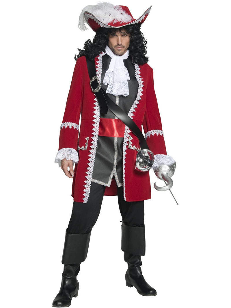 Mens deluxe pirate captain costume in red velvet coat with white lace trim and black pants