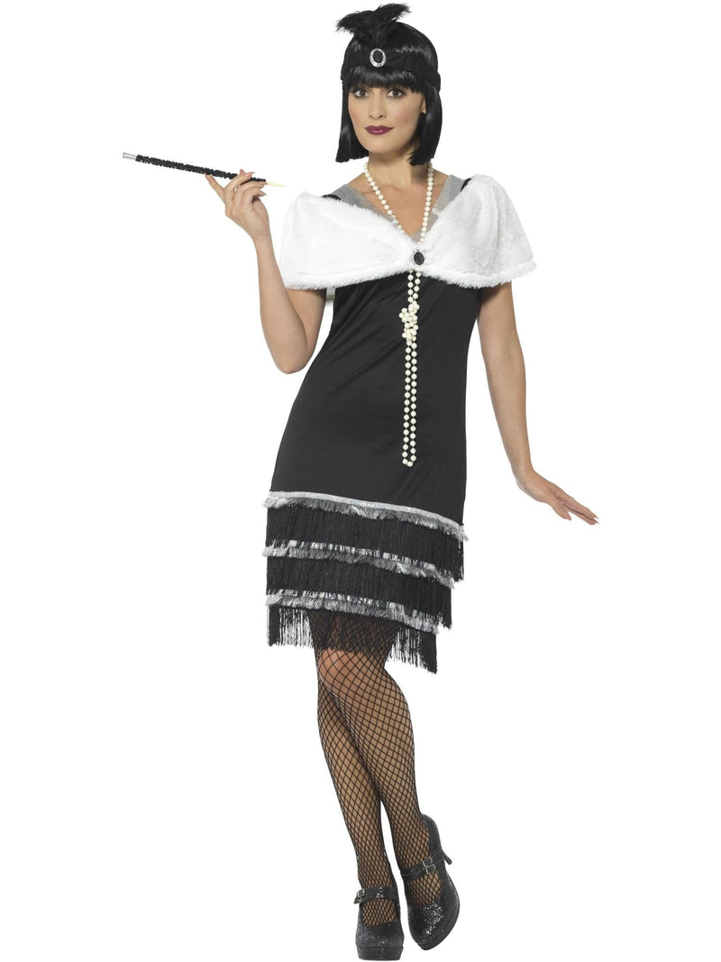 Womens 1920s Flapper Costume with black fringe dress, white fur stole, and feather headpiece