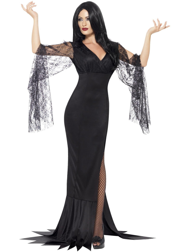 Womens gothic vampire dress in black with lace trumpet sleeves and side split