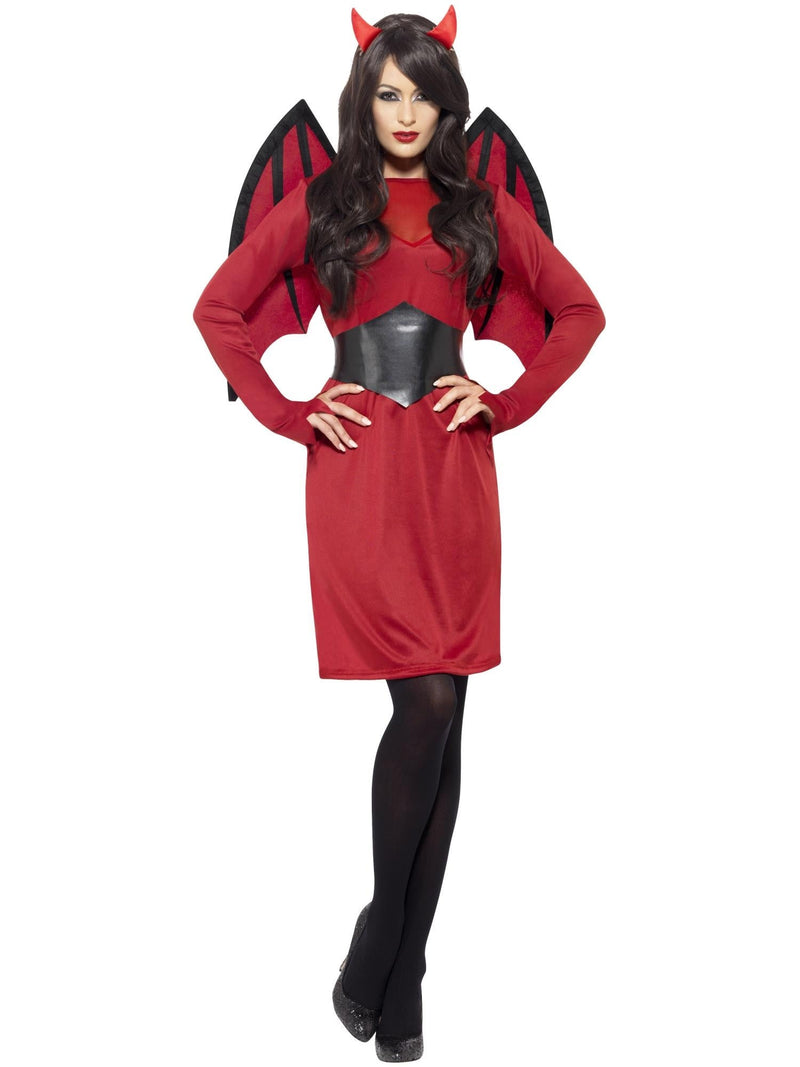 Womens red devil costume with long sleeves, mesh chest panel and black belt