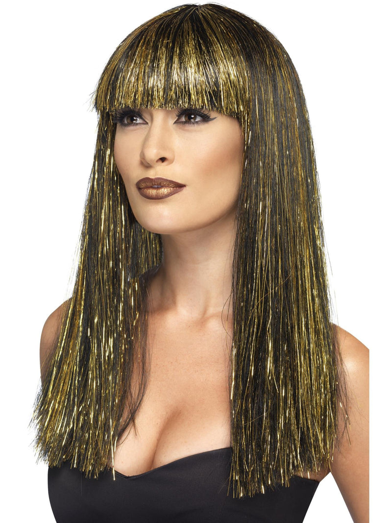 Adult Egyptian Goddess wig with black hair and gold tinsel highlights, straight cut with blunt fringe