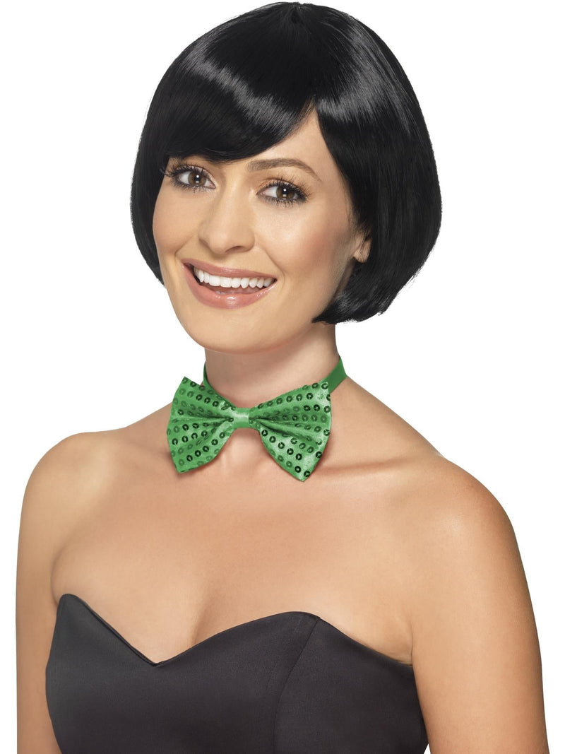 Green sequin bow tie with all-over sparkle embellishment on white background