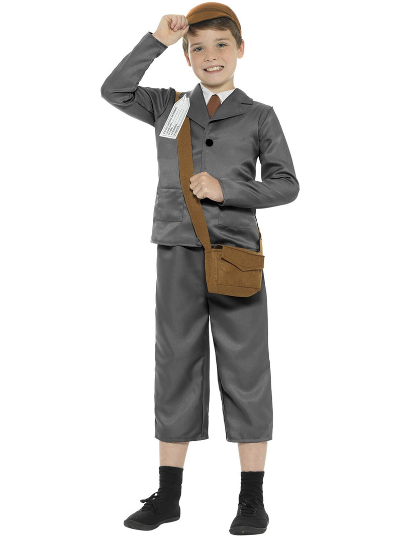 Kids WW2 Evacuee Boy Costume with grey jacket, trousers, brown cap and satchel