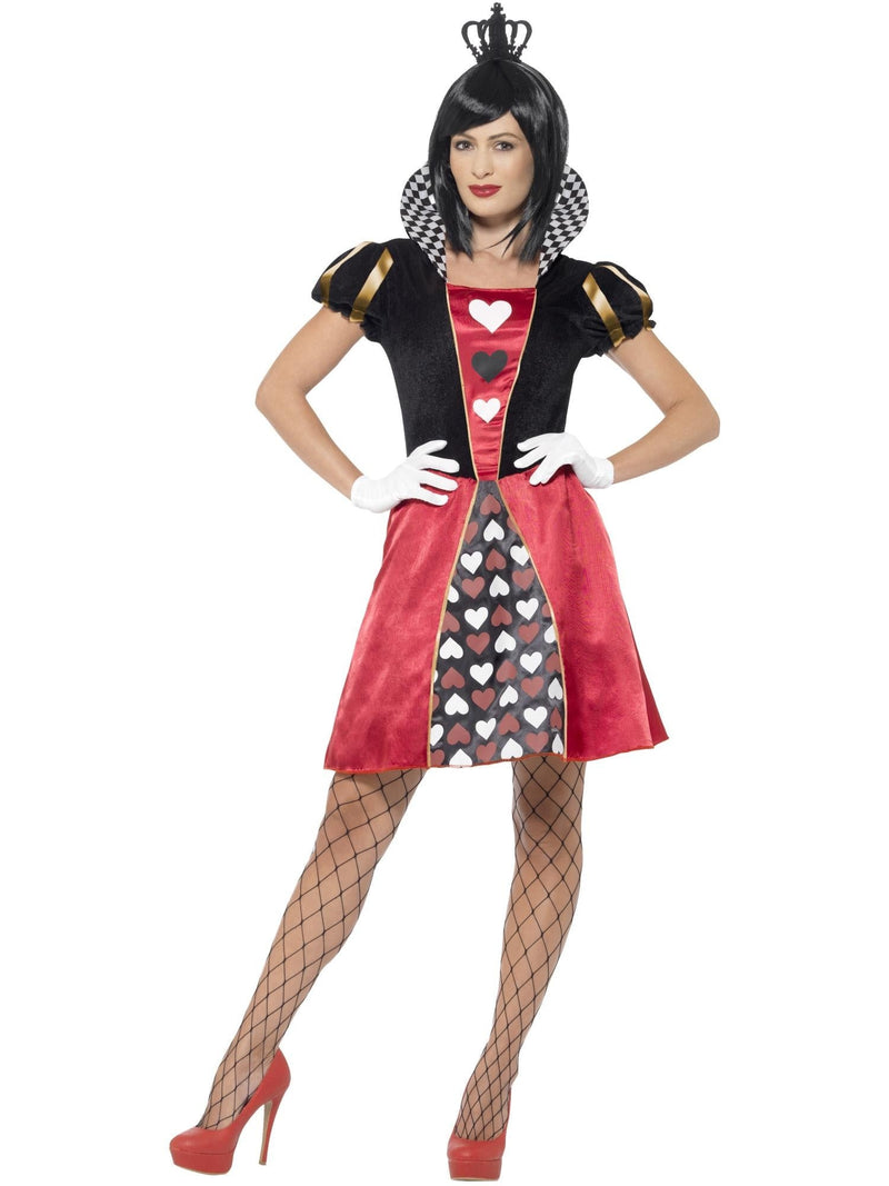 Womens Queen of Hearts costume dress with red skirt, black bodice, heart print panel and houndcheck collar