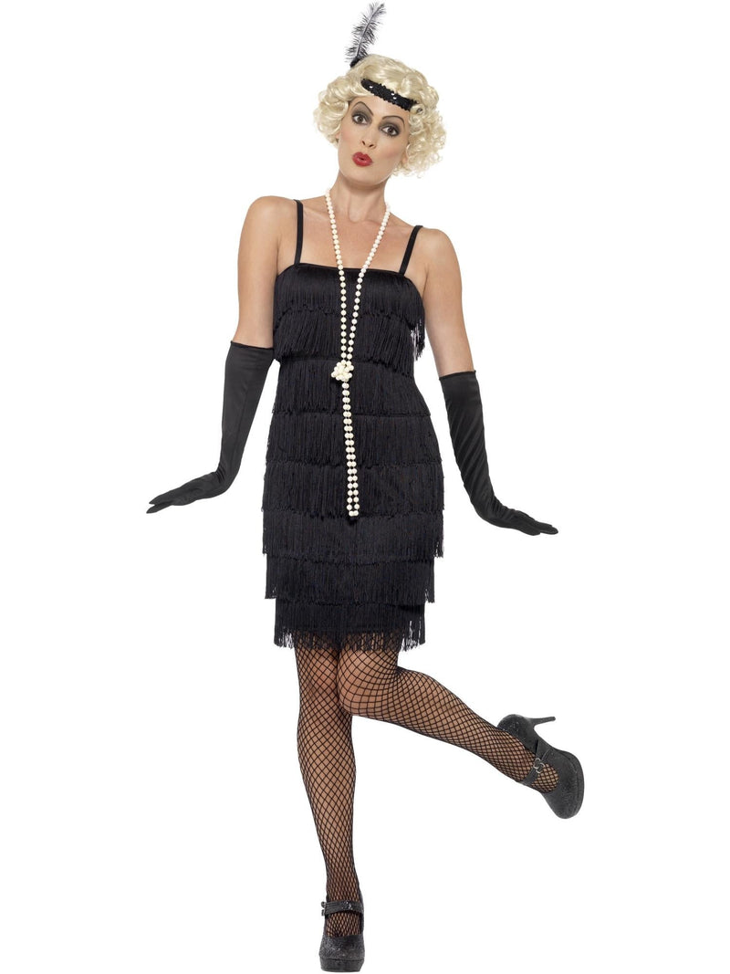 Womens black fringe flapper dress with feathered headband and elbow gloves, front view