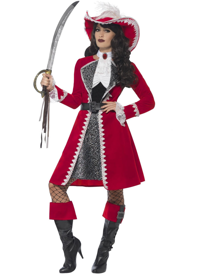 Womens deluxe pirate captain costume in red velvet with silver brocade panel and white lace trim