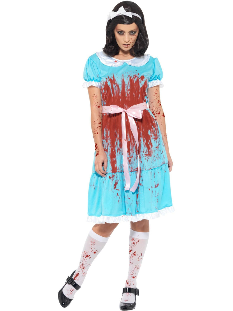 Womens Murderous Twin Horror Costume turquoise dress with blood splatter front view